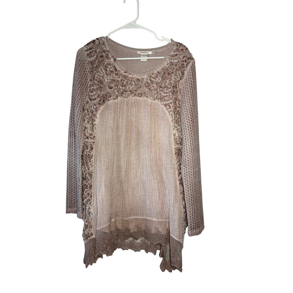 Feratelli Long Sleeve Floral Applique Tunic Lace Top Pink Blouse Shirt Large